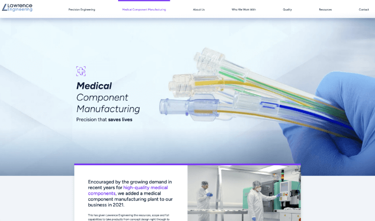 Website of Lowrence engineering with picture of medical components